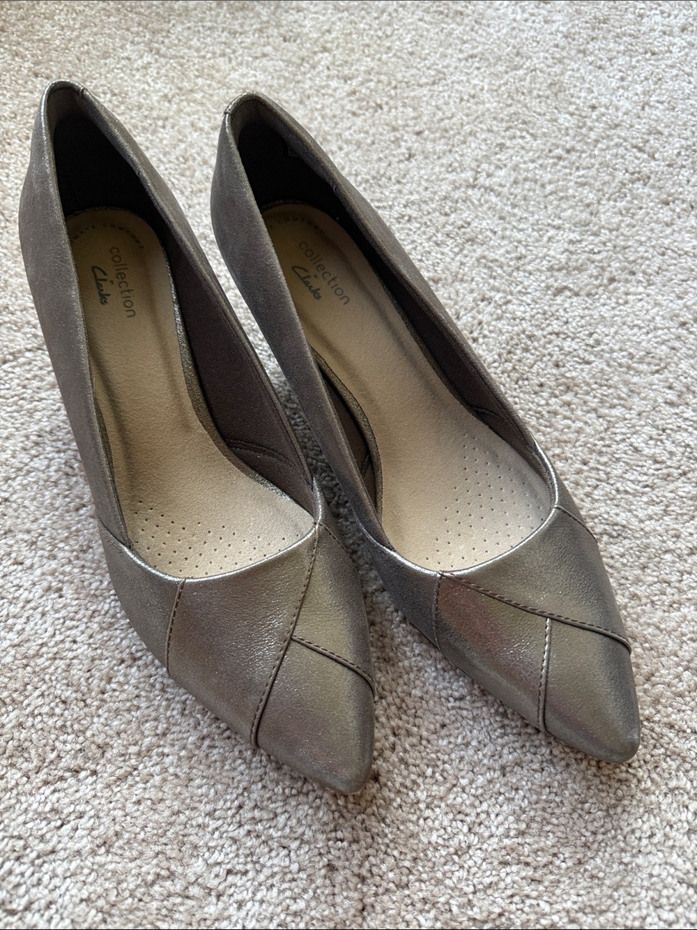 Clarks Linvale Sage Metallic Low Heel Pumps